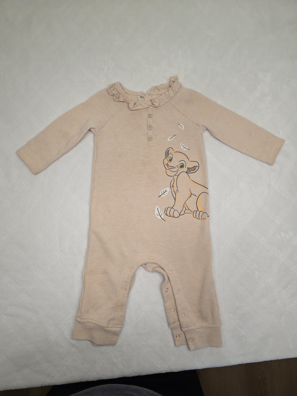 Disney Cream Long-Sleeve Ruffle Collar One-Piece with Simba